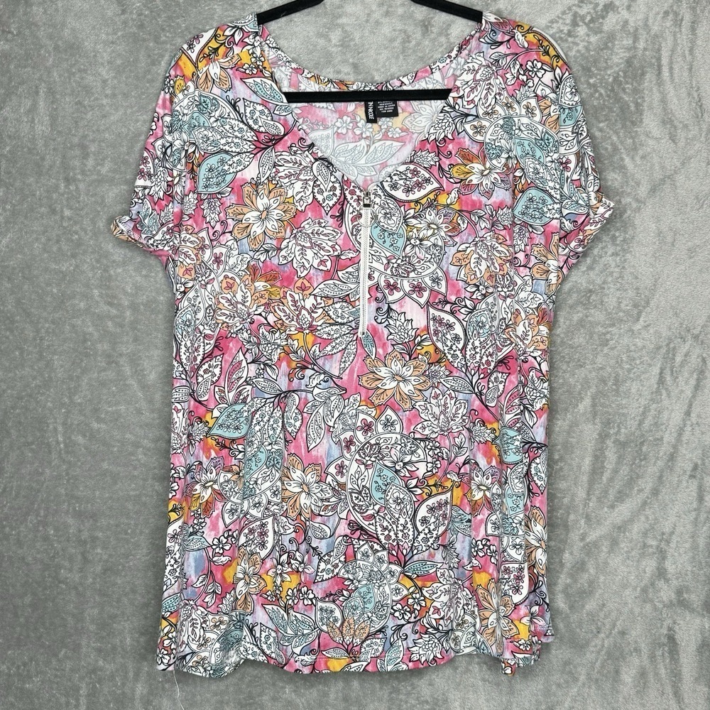 Kristin Nicole 3X Shirt Top Pink‎ Floral Flower Short Sleeve V Neck Stretch Zip